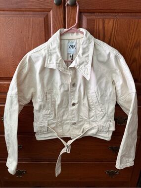 ZARA Cream Tie-Waist Cropped Jean Jacket